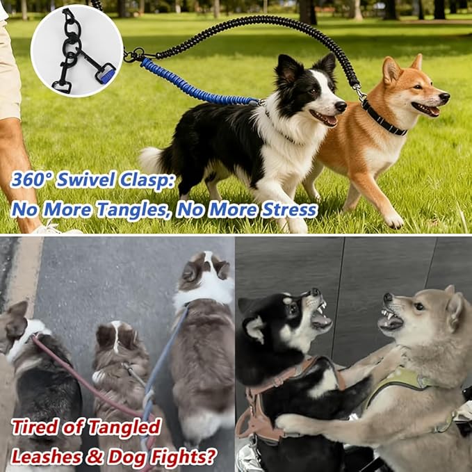 19.7ft Dual Retractable Dog Leash for Medium to Large Dogs 35–65 lbs, USB Rechargeable LED Light, 360° Tangle-Free, Detachable Front Lead & Emergency Ready, Reflective Elastic (Black)