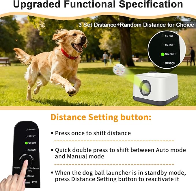 Automatic Dog Ball Launcher with Barking Function, Dual Modes (Auto/Manual) Interactive Dog Fetch Toy with 4 Adjustable Distances, Dog Balls Thrower for Small & Medium Dogs, with 4 Durable ETPU Balls