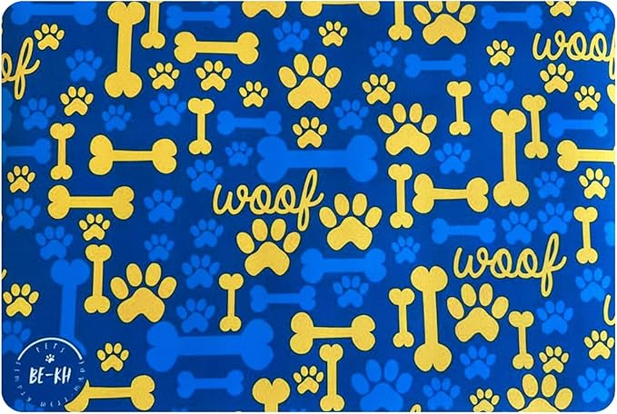 BE-KH Absorbent Pet Feeding Mat for Dogs & Cats, Quick Dry Dog Bowl Mat for Food and Water, Ultra-Thin, Non-Slip Rubber & Polyester, Waterproof & Machine Washable, Happy Woof, 24x16 in (60x40 cm)