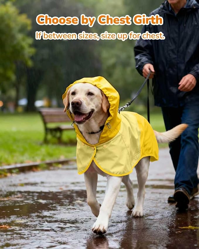 Waterproof Dog Raincoat with Hood, Extended Coverage Rain Jacket for Large Dogs, Wind-Resistant Secure Fit with Leg Straps, Reflective, Leash Hole, Easy Hook & Loop Fastener On/Off, Yellow, L