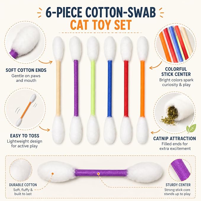 Cat Q Tip Toy with Catnip Cotton Swabs Qtip Cat Toy Pack Catnip Toys for Indoor Cats Giant Qtip Cat Toy Chew Sticks, Durable Felt Interactive
