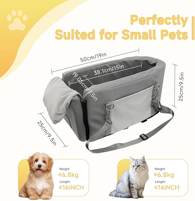 Center Console Dog Car Seat, Dog Car Seats for Small Dogs and Cats with Safety Belt and High Density Sturdy Foam Up to 15Lbs, Leather Grey