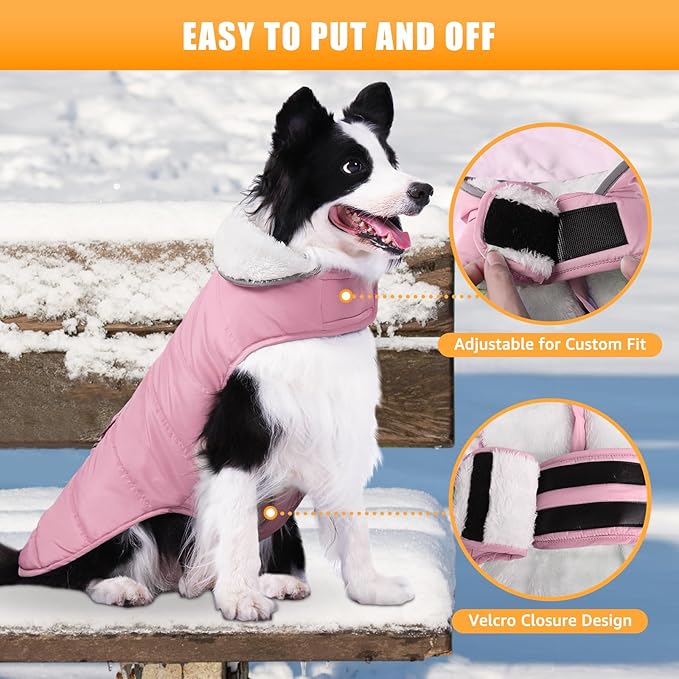 Dog Winter Coat for 2X- Large Dogs, Easy on XXL Dog Snow Jacket Velcro Waterproof Pet Puffer Clothes with Harness Hole Adjustable Reflective Quilted Pet Cold Weather Vest for Girl Female