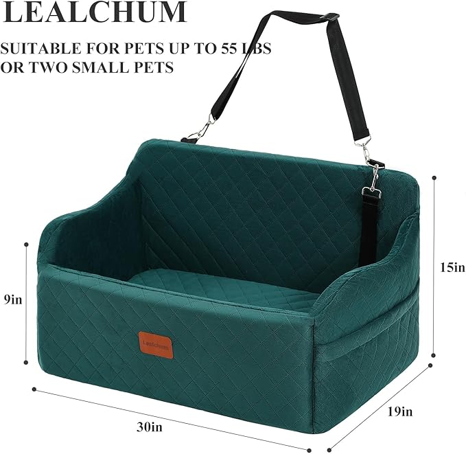 Lealchum Dog Car Seat for Medium/Large Dogs,2 Clip-On Safety Leashs for 2 Small Dogs,Removable and Washable Comfy Pet Car Seat,Easy to Install and Clean (Green, Large)