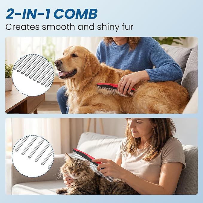 Double-Sided Pet Grooming Rake - 4-in-1 Professional Pet Grooming Kit Deshedding Dematting Tool for Dogs Cats Extra-Wide Grooming Brush & Deshedder Comb for Long & Short Haired Pets (Red Kit 4PCS)