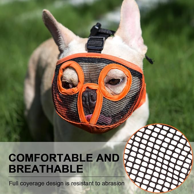 Short Snout Dog Muzzles- Adjustable Breathable Mesh Bulldog Muzzle for Biting Chewing Licking Training Grooming Dog Mask (Orange, Small/9"-12")