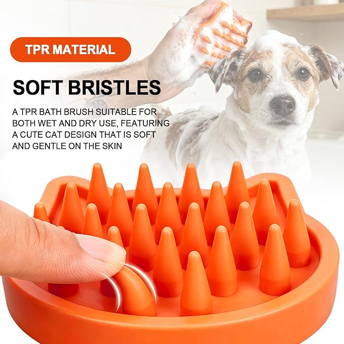 Orange Cat-Shaped Dog Shampoo Brush Dog Washing Brush Massage Bath Brush for Dogs Cats Remove Loose Hair Knots Gentle Pet Grooming Tool Deep Cleansing