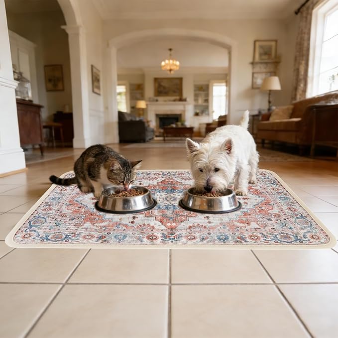PUPTECK Dog Food Mat, Absorbent Pet Feeding Bowl Mat, Non-Slip Dog Mat for Food and Water, Quick Dry No Stains Cat Placemats Pet Supplies for Messy Drinkers, Brown 16"x24"