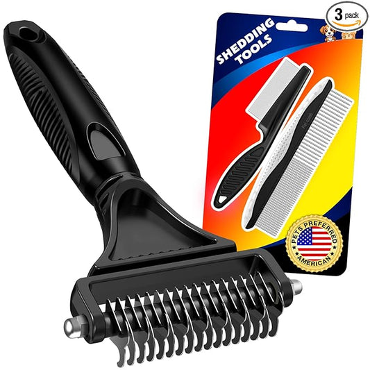 3PCS Pet Grooming Rake & Metal Comb & Flea Comb for Cats and Dogs, Double-Sided Dematting Tool, Extra-Wide Deshedding Dog Brush for Long Hair to Effectively Remove Tangles, Knots and Mats (Black)