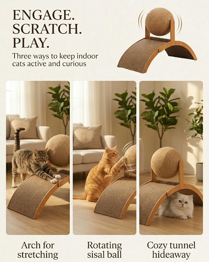 Wobble Ball Cat Scratcher, 2 in 1 Wood Interactive Cat Arch Scratching Ball on Stand with Arched Bridge and 360° Rotating Hanging Sisal Balls for Indoor Cats Kittens(Small)