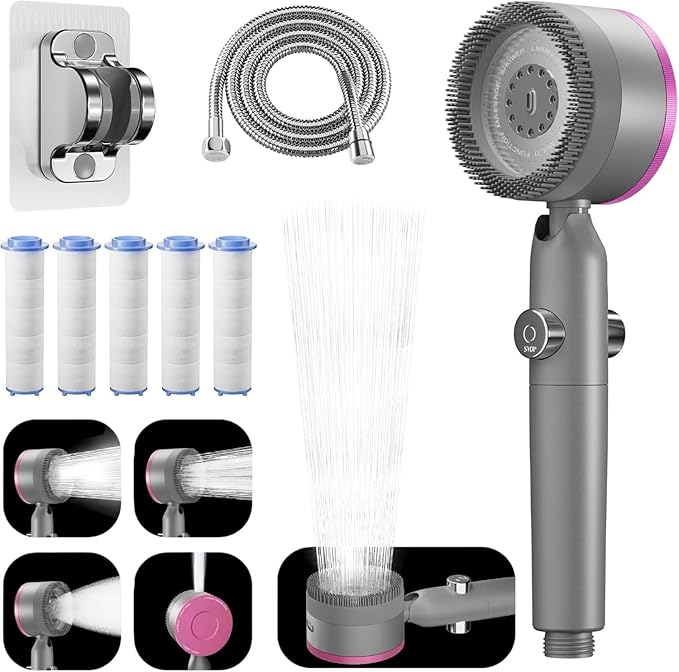 High Pressure Shower Head, 30° Adjustable 4 Modes Handheld Shower Head and Hose Set with 5 Filters, 59‘’ Hose & Bracket, Power Swivel Filtered Showerhead for Remove Residual Chlorine (Gray)