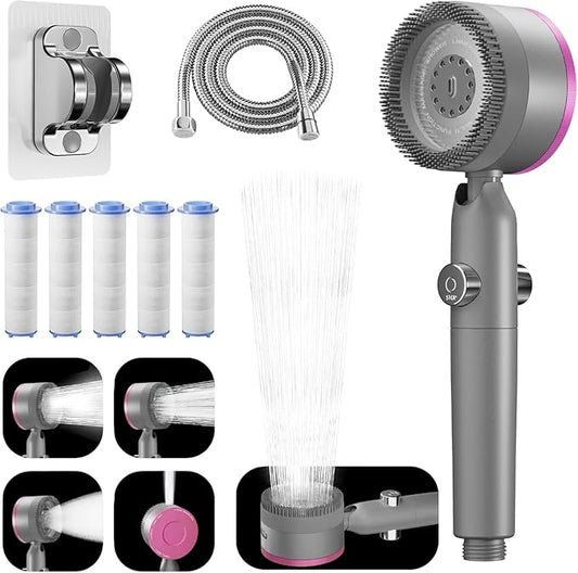 High Pressure Shower Head, 30° Adjustable 4 Modes Handheld Shower Head and Hose Set with 5 Filters, 59‘’ Hose & Bracket, Power Swivel Filtered Showerhead for Remove Residual Chlorine (Gray)