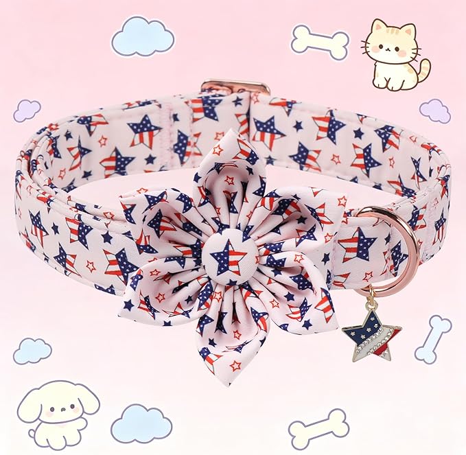 4th of July Independence Day Dog Collars with Flower, Pink Blue American Flag Star Dog Collar, DOGWONG Pink Girl American Flag Dog Collars for Small Dogs,XS