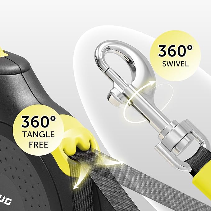 TUG 360° Tangle-Free Retractable Dog Leash | 16 ft Strong Nylon Tape (Small, Black/Yellow)