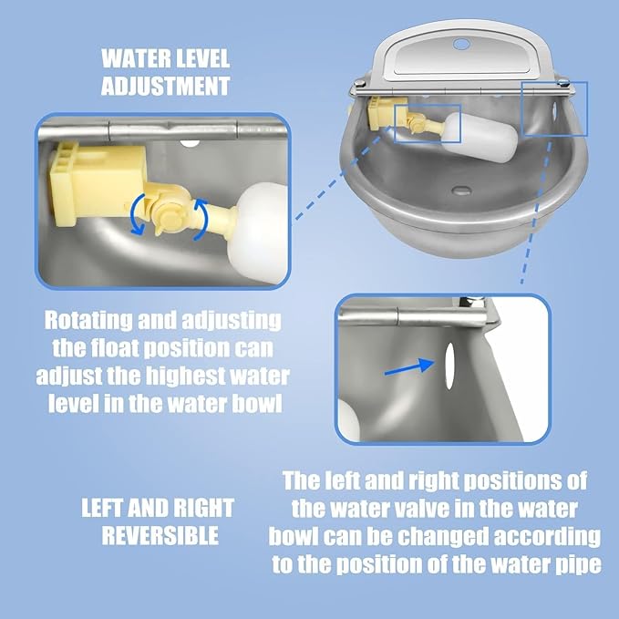 Ademon Automatic Animal Drinking Water Bowl with Float Valve, Extended Pipe, Stainless Steel Waterer Feeder Farm Dog Dispenser Kit Self Filling for Livestock Horse Goat Water Trough