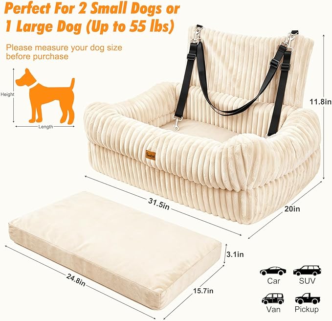 Pawaboo Dog Car Seat, Dog Booster Car Seats with Memory Foam, Thickened Cushion & Washable Removable Cover, Pet Travel Carseat Bed with Safety Leashes for Medium/Large Dogs or 2 Small Dogs, Beige