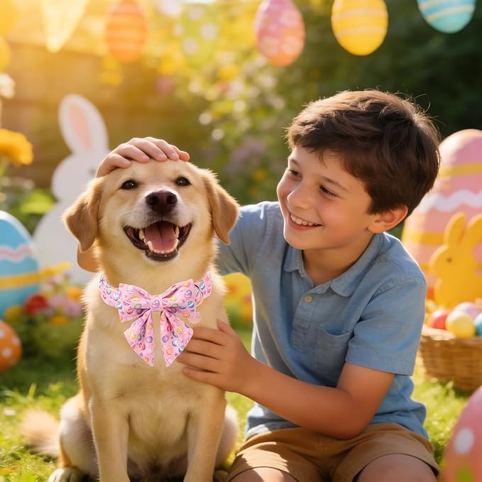 Easter Day Dog Collar with Bow, UP URARA PUP Easter Eggs Adjustable Pet Collar Bowtie with Metal Buckle, Colorful Eggs Cotton Dog Collars for Small Medium Large Dogs, XS