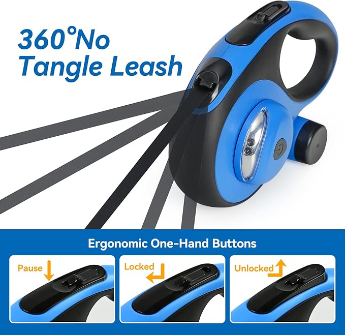 Heavy Duty Retractable Dog Leash for Large Dogs, 26ft Dog Leash with Poop Bag Holder, Up to 110lbs, chew Proof Cable, LED Light, 360° No-Tangle, One-Handed Pause & Locked (Blue, L 26ft)