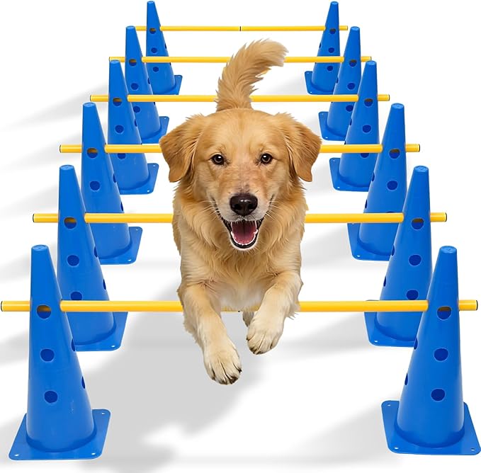 Wdmiya Dog Agility Course Backyard Set with Height Adjustable Crossbar, Dog Agility Training Hurdle Cone Set, 18.9" Dog Agility Equipment for Rehabilitation, Obedience, Starter - 6 Poles & 12 Cones