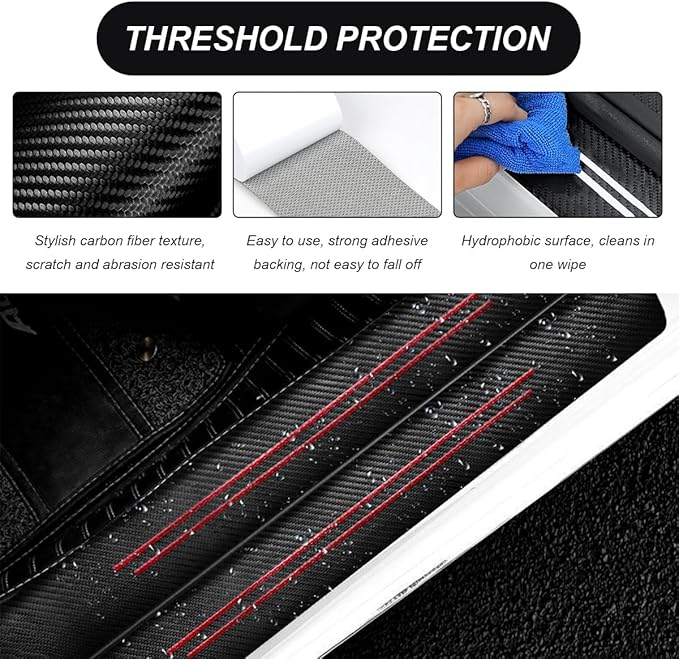 4 PCS Car Door Sill Protector, Waterproof Carbon Fiber Style Car Door Entry Guard Sill Protector, Anti-Scratch Door Threshold Strips Stickers for Most Vehicles, Car Accessories (Red-4pcs)