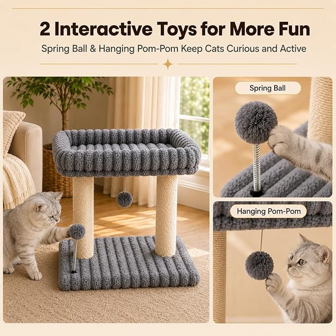 Cat Tree with Cat Scratching Post for Indoor Cats,Small Cat Tower with Soft Large Perch Bed Sisal Scratcher for Medium Cats and Kitten,Activity Play Centre Spring & Hanging Toy Balls,Grey