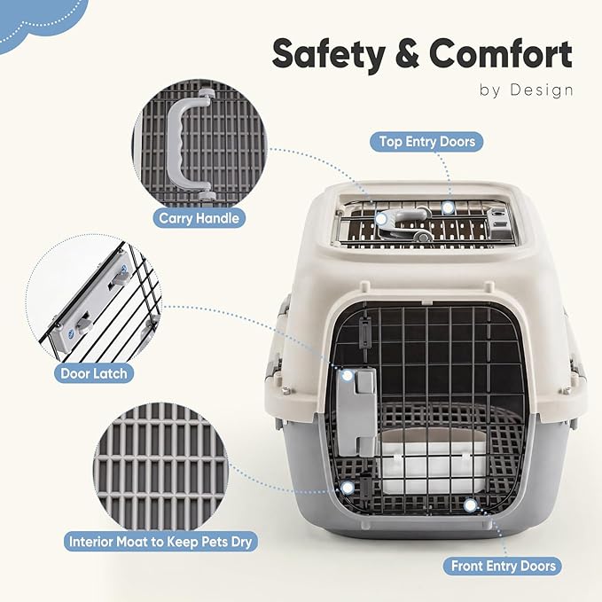 DUMOS 23" Hard-Sided Pet Carrier for Small Dogs & Cats, Airline Approved Travel Crate with Enhanced Security Latches, Front & Top Load Wire Door, Food Bowl for Traveling, Hiking, Camping - Beige&Grey