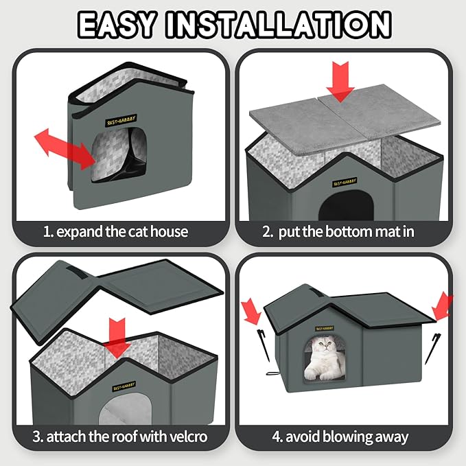 Rest-Eazzzy Cat House for Outdoor Cats, Weatherproof and Insulated Feral Cat House with Mat and Clip, Easy to Put Together, Selfwarming Cat Shelter for Summer(Grey, Waterproof House-L)