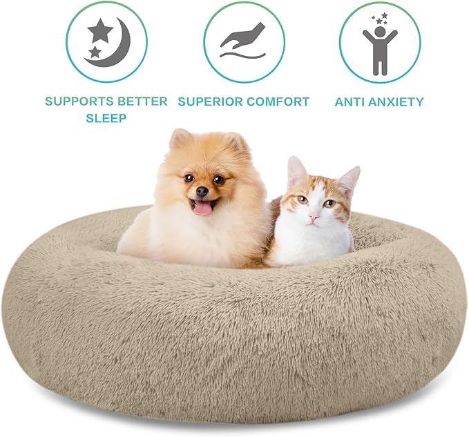SAVFOX 36 inches Calming Donut Dog Bed - 3X Durable Plush Faux Fur, Machine Washable & Non-Slip, Fits up to 100 lbs, Beige