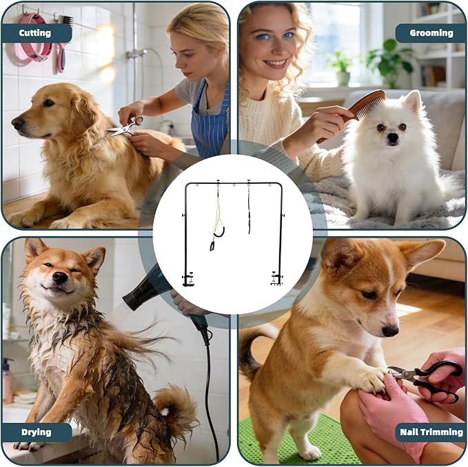 SpaceTime Dog Grooming Table Arm with Clamps,Adjustable 20"-42" Height & 27"-39" Width,Dog Grooming Arm with Hammock and 2 No-Sit Holders,Pet Groomers Helper Loop Restraint Station for All Dogs
