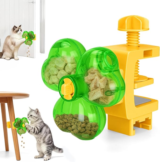 Cat Slow Feeder Puzzle Toy with Clamp Mount, Interactive Clover Treat Dispenser for Small Dogs & Cats, 3 Adjustable Feeding Openings for Dry Food, Enrichment Food Dispenser for Indoor/Outdoor