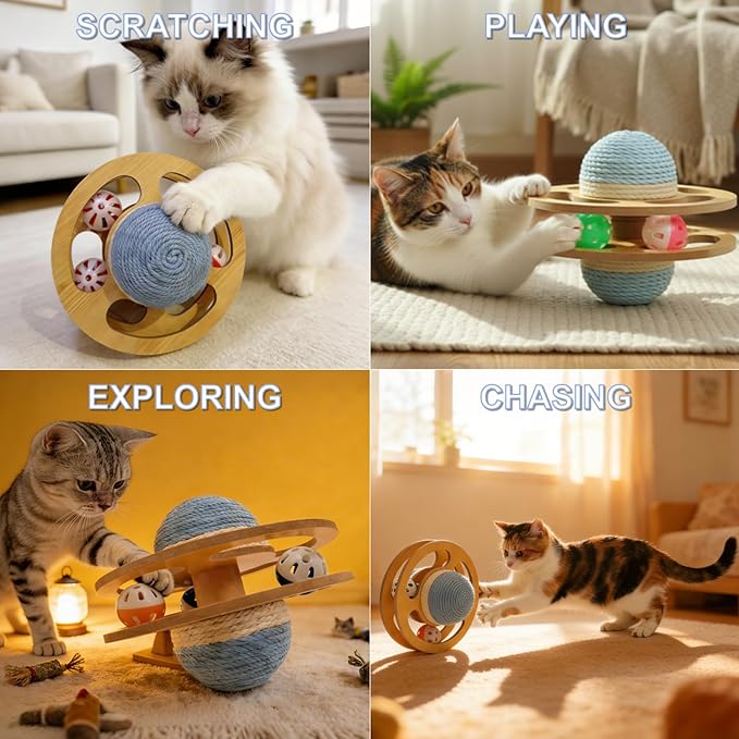 Sisal Cat Ball Track Toy for Indoor Cats Interactive Wooden Scratching Ball with Puzzle Top for Kitten Kitty Exercise Mental Physical
