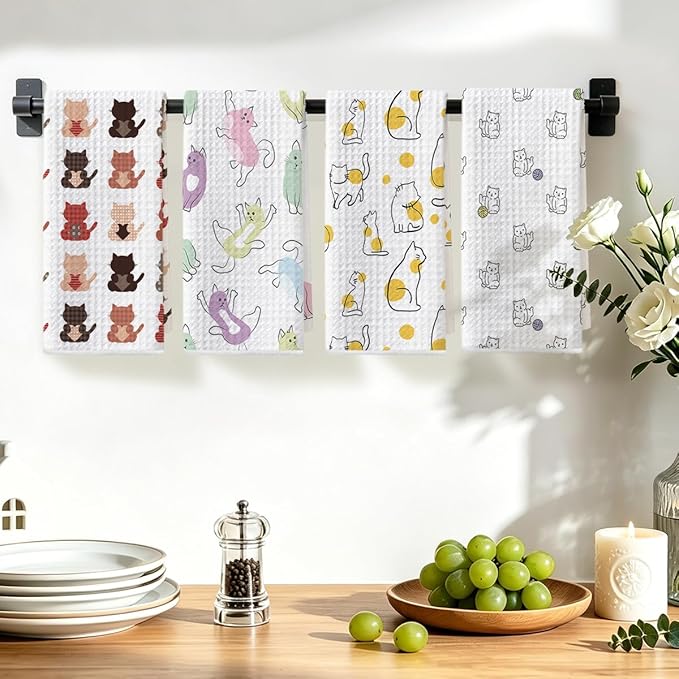 Hanamiya Na 4Pcs Cute Cat Kitchen Towels, Whimsical Decorative Absorbent Microfiber Dish Cloth Tea Towel, Durable Hand Towels for Farmhouse Home Bathroom, Cat Lover Gifts 1