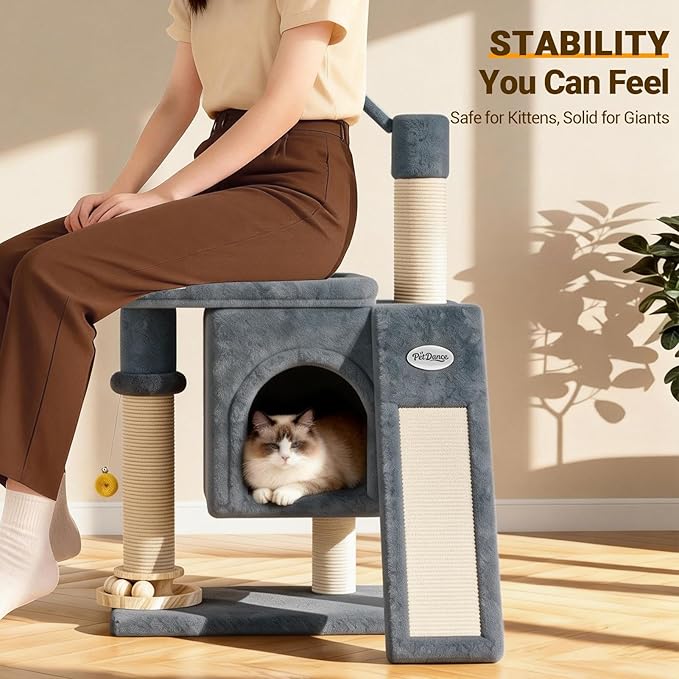 【Scratch & Playhouse】 PetDance Small Cat Tree Tower with Scratching Posts【100% Natural Sisal】, Wood Track Ball Toy & Self-Grooming Brush for Bored Indoor Cats, Mist Blue