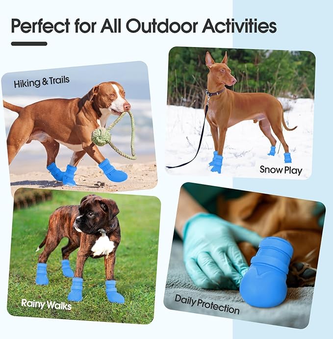 Dog Rain Boots Waterproof, 4PCS Dogs Shoes Non Slip Dog Boots & Paw Protectors, Easy On Rubber Doggie Booties Pet Shoes for Hot Pavement Snow Rain, Dog Rainboots for Small Medium Large Dogs, Blue M