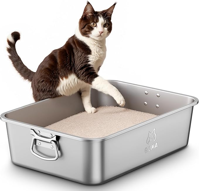 Qiuma Stainless Steel Litter Box with Handle, Large Cat Litter Box with High Sides, Odor-Free, Non-Stick, Easy to Clean, 19.5"×13.6"×5.9", Ideal for Medium to Large Cats