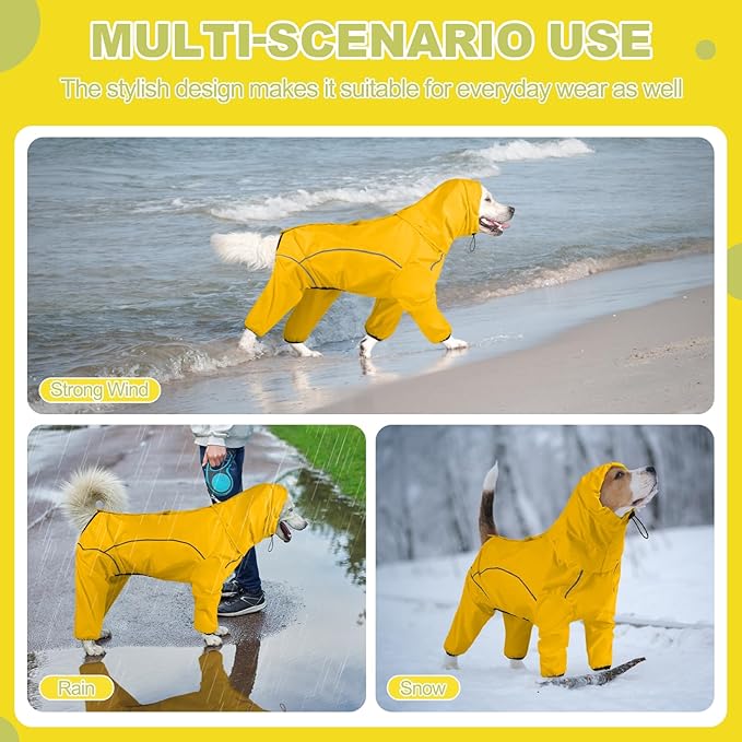 Dog Raincoat, Waterproof Dog Rain Jacket with Removable Hood，Adjustable 4 Legs Pet Poncho with Leash Hole，Reflective Stripe Hooded Snowproof Windproof Clothes for Small to 3X-Large Dogs, L