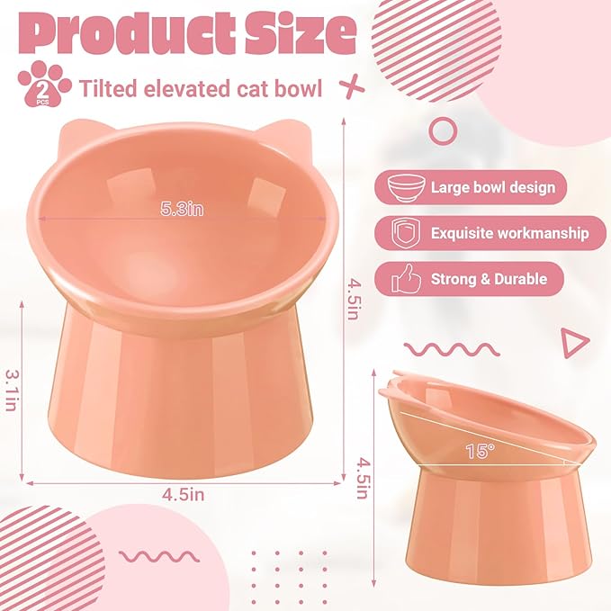 Zhehao 2 Pcs Elevated Cat Bowl Set, Tilted 15° Plastic Raised Food and Water Bowls Anti Vomit Pet Feeding Dishes for Indoor Cats/Small Dogs(Cat Ears,Peach)