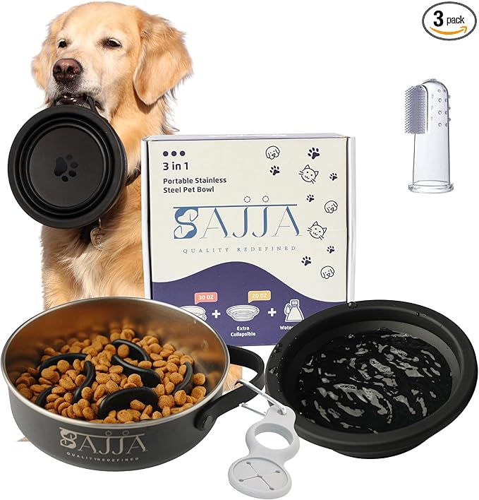 Black Slow Feeder Travel Dog Bowl Set | 30oz Stainless Steel + 20oz Collapsible Silicone Dish | Water Bottle Holder| Non-Slip, Anti-Choking, BPA-Free | We Give Back