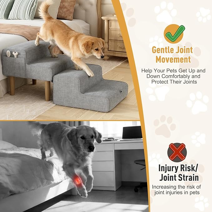 PakaLife Foldable 2-in-1 Dog Ramp Ottoman, Solid Wood Dog Steps for Bed & Couch, Washable Cover, 135lb Capacity, for Small, Senior Dogs & Old Cats to Get on Bed
