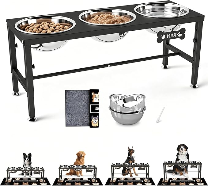 SHAINFUN Elevated Dog Bowl Stand for Large Dogs& Extra Large Dogs with 3 Bowls 101oz– 4 Adjustable Height Raised Pet Feeder with Anti-Spill Mat, Stainless Steel Food & Water Station