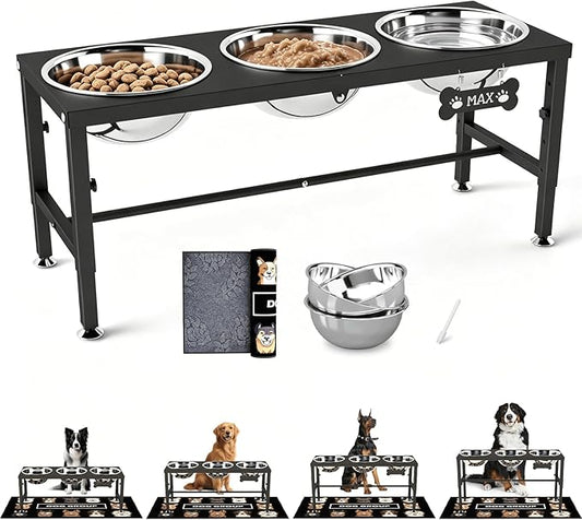 SHAINFUN Elevated Dog Bowl Stand for Large Dogs& Extra Large Dogs with 3 Bowls 101oz– 4 Adjustable Height Raised Pet Feeder with Anti-Spill Mat, Stainless Steel Food & Water Station