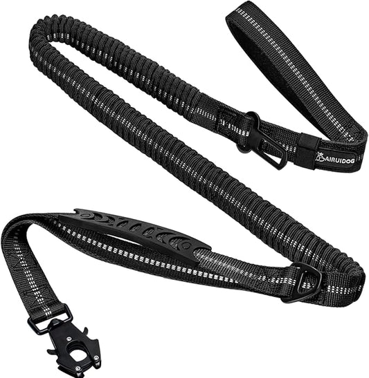 Heavy Duty Tactical Dog Leash, 4-6FT Shock Absorbing Bungee Lead with 2 Padded Handles, Metal Carabiner & Seatbelt Clip, Reflective No-Pull Leash for Medium/Large Dogs Black