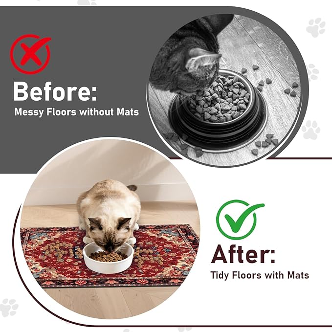 Pet Mats for Food and Water, Persia Red Dog Food Mat for Floors, Non Slip Indoor Quick Dry Cat Bowl Feeding Mats (16.9” X29.9”)
