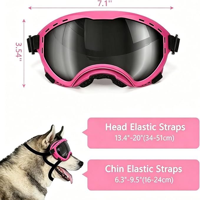 Dog Goggles for Medium to Large Breeds, UV Protection Dog Sunglasses with PC Lens, Soft TPU Frame and Adjustable Straps, Windproof Dustproof Anti-Fog Pet Eyewear for Outdoor Activities (Pink Frame)
