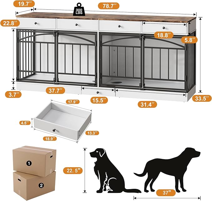 GarveeHome Dog Crate Furniture for 2 Dogs, Dog Kennel Indoor with 4 Storage Drawers and Feeding Bowls, Double Dog Crate TV Stand for Small Medium Dogs, White