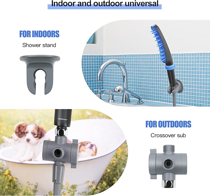 Pet Wand Shower Sprayer, Dog Shower Attachment, 1.8GPM Dog Shower & Bath Accessories with Faucet Head Hook Valve 9.8 Ft Steel Hose for Dogs Cats Bath Indoor Outdoor Blue & Grey
