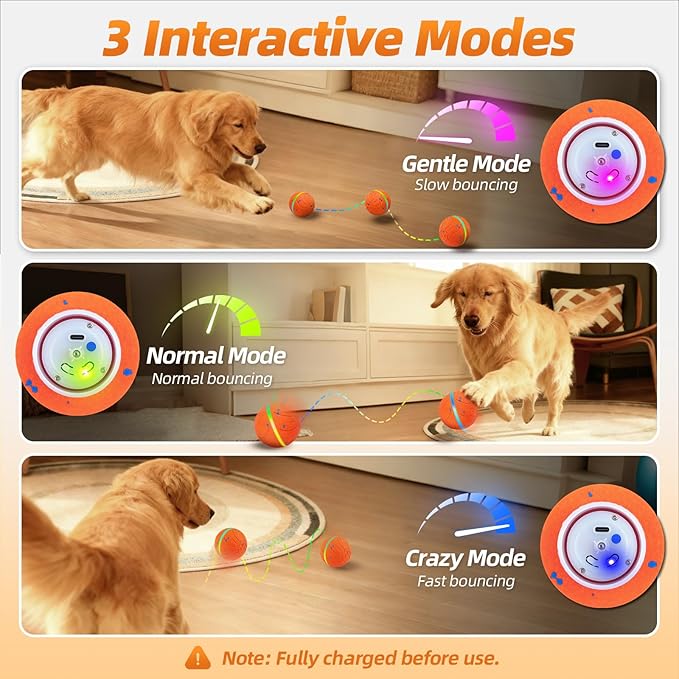 3.5 Inch Interactive Dog Toys, Automatic Moving Balls for Dogs, 3-Modes with Colorful Lights , Durable E-TPU Material, Active Self Rolling, Bouncing, and Rotating Dog Toy to Keep Them Busy, Orange