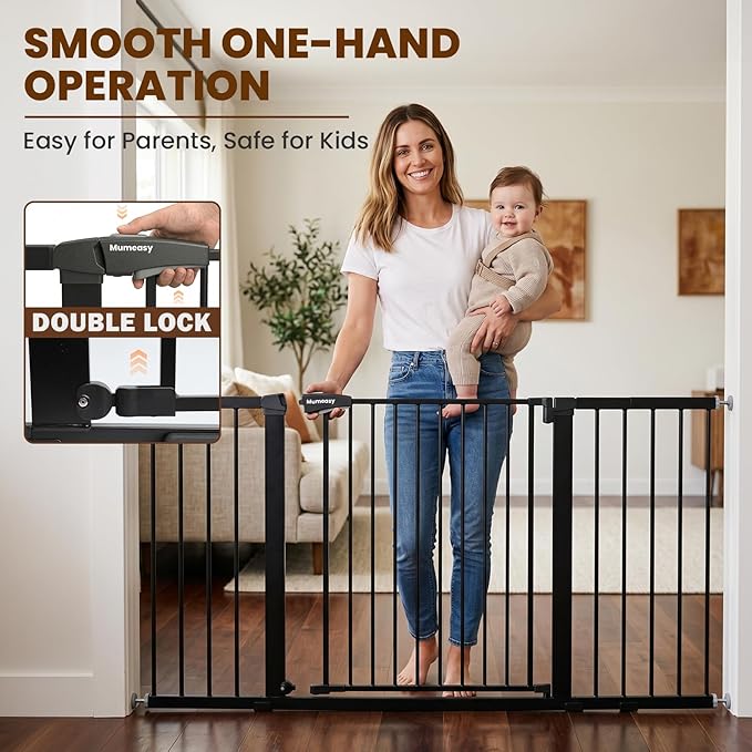 Mumeasy 36-63" Extra Wide Baby Gate for Stairs, 28.74" Walk Through Large Dog Gate for Doorways & Hallways, Auto Close Pet Gate Indoor, Pressure Mounted Child Wide Long Safety Gate for House, Black