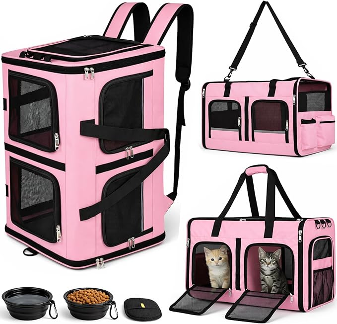 Extra Large 3-in-1 Cat Carrier for 2 Cats, with Removable Divider, Superior Ventilation, Portable Soft Sided Double Cat Carrier Large, Hair Removal Glove, 2*Bowl, Extra Side Storage Bag Included