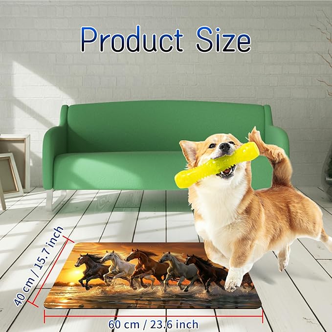 Dog Food Mat, 15.7" x 23.6" Absorbent Pet Feeding Mat for Food and Water, Waterproof Diatom Mud Pet Placemat with Non-Slip Rubber Backing, Easy Clean Cat Bowl Mat for Floors - Running Horse